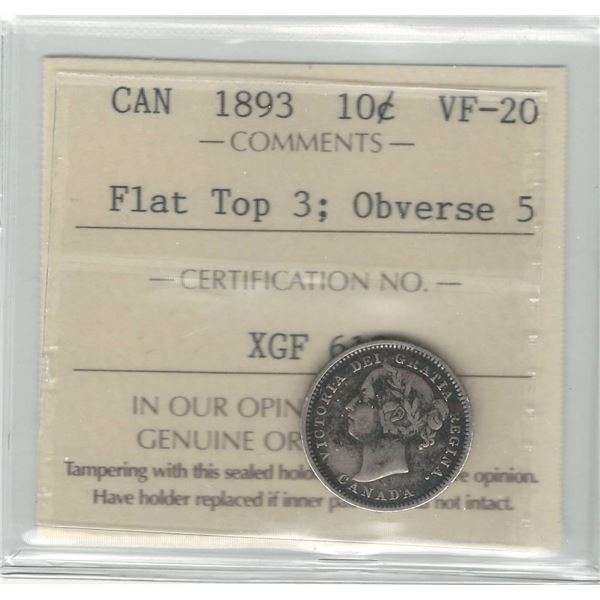1893 Canada 10 Cent Flat Top 3 Obverse 5 ICCS VF 20