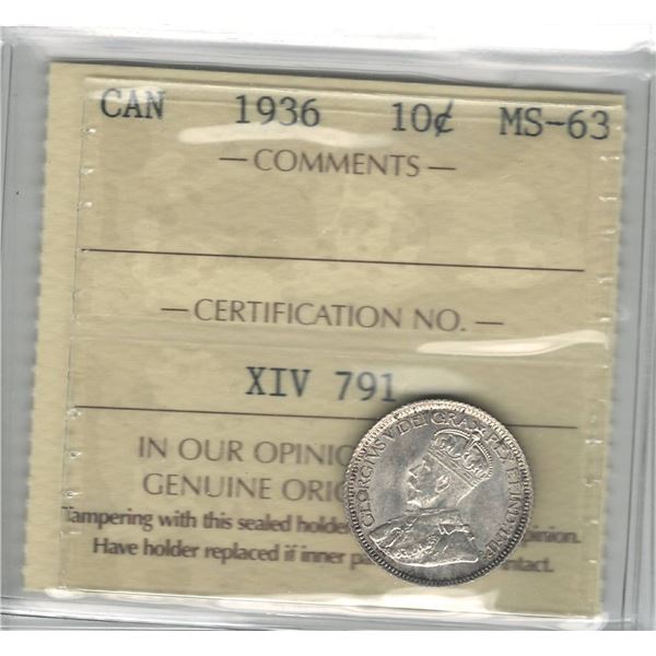 1936 Canada 10 Cent ICCS MS 63