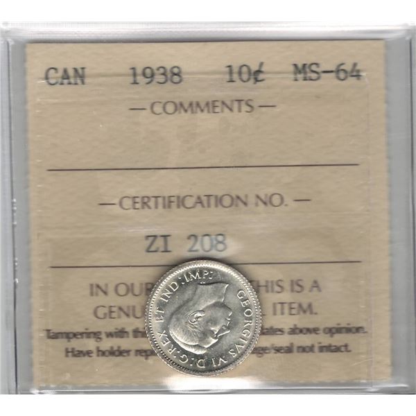 1938 Canada 10 Cent ICCS MS 64