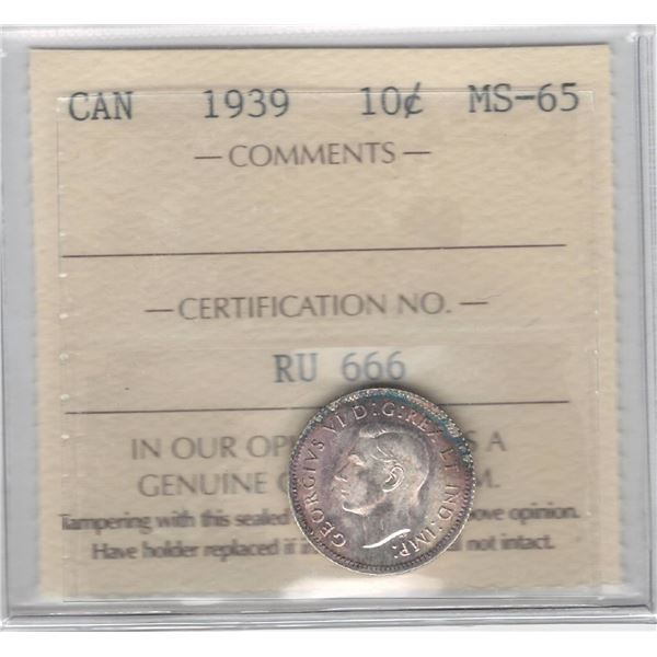 1939 Canada 10 Cent ICCS MS 65