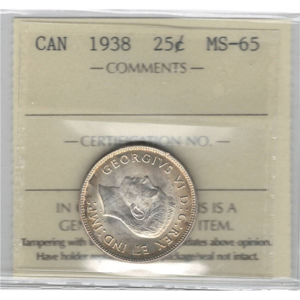 1938 Canada 25 Cent ICCS MS 65