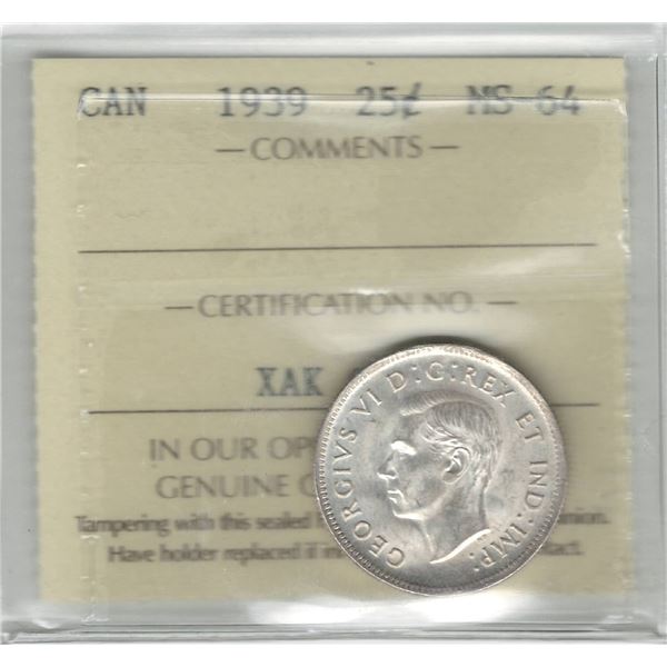 1939 Canada 25 Cent ICCS MS 64