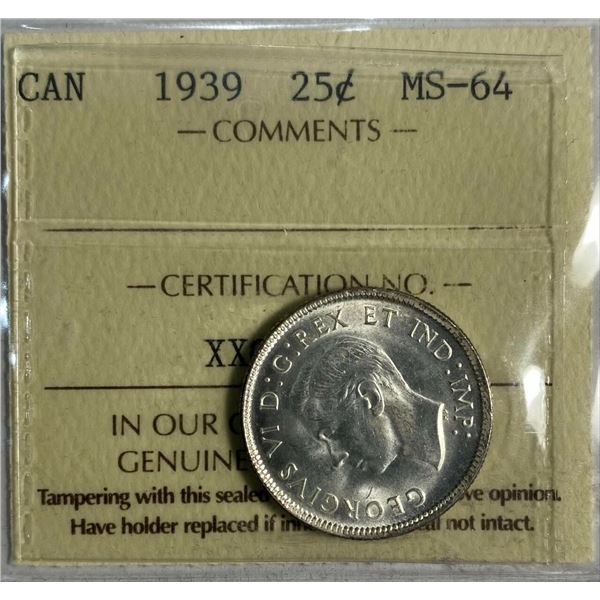 1939 Canada 25 Cent ICCS MS 64