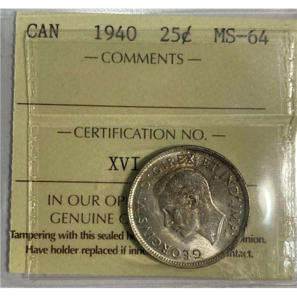 1940 Canada 25 Cent ICCS MS 64