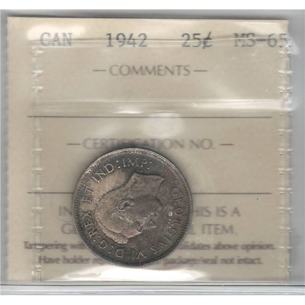 1942 Canada 25 Cent ICCS MS 65