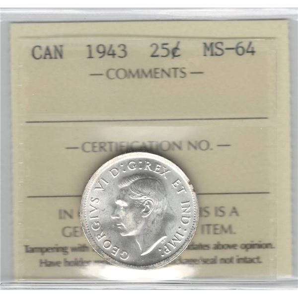1943 Canada 25 Cent ICCS MS 64