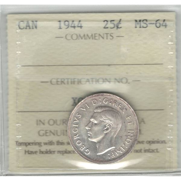 1944 Canada 25 Cent ICCS MS 64