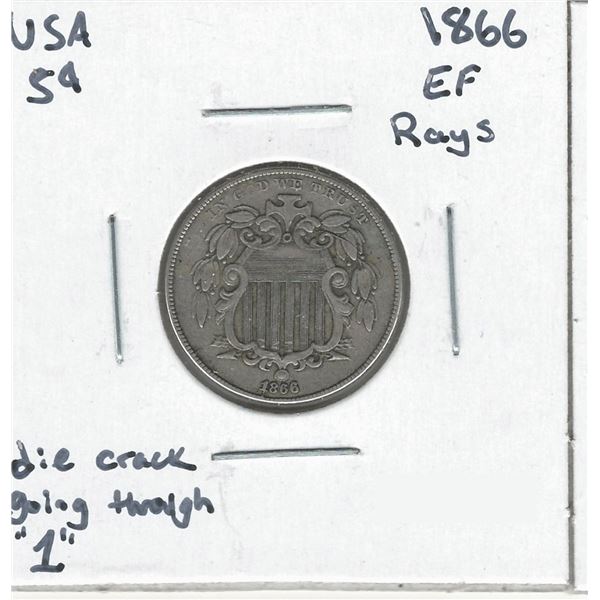 1866 USA 5 Cent Die Crack Through 1 with Rays EF