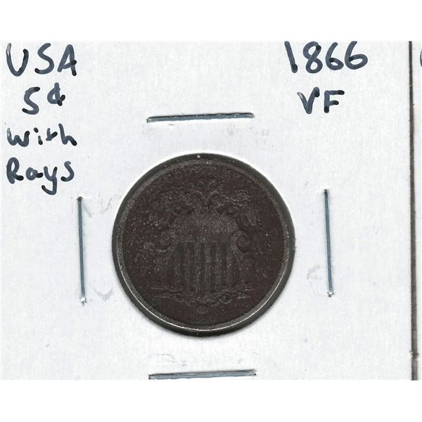 1866 USA 5 Cent with Rays VF