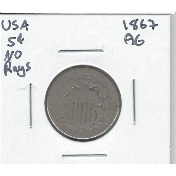 1867 USA 5 Cent No Rays AG