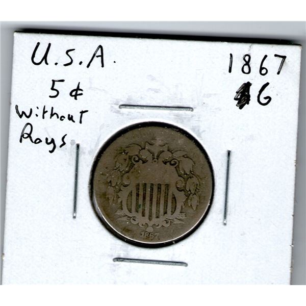 1867 USA 5 Cent No Rays G 4