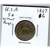 Image 1 : 1867 USA 5 Cent No Rays G 4