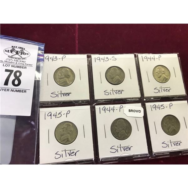 Six Silver World War II Nickles