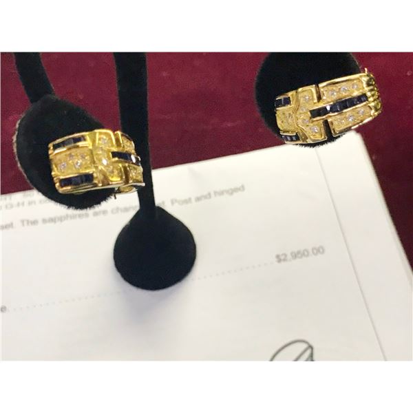 18K Yellow Gold Diamond & Sapphire Earrings 24 Square