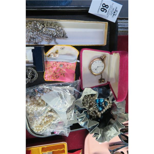 Tray Lot of Pocket Watches & Fashion Jewelry