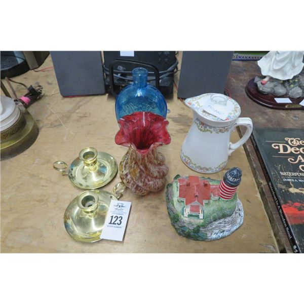 Lot of Candle Stands, Vase, Decanter, Creamer & Lighthouse