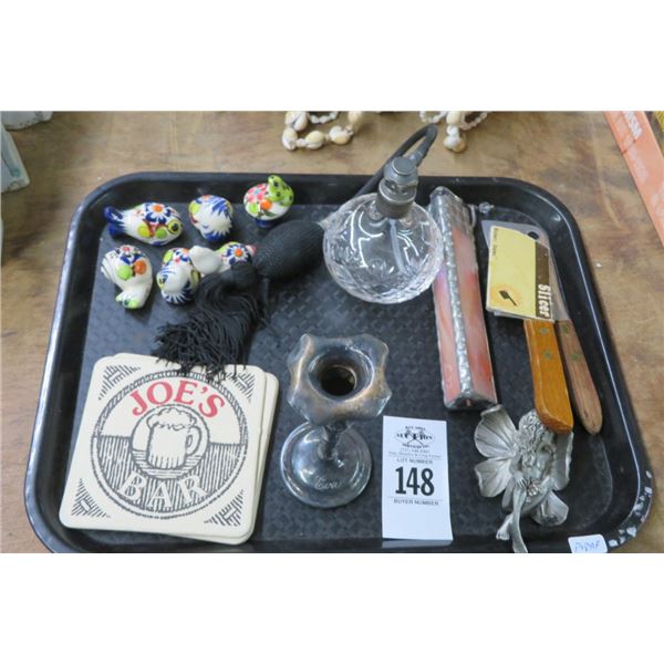 Tray Lot w/Aerosol, Pewter & Ceramic Figurines
