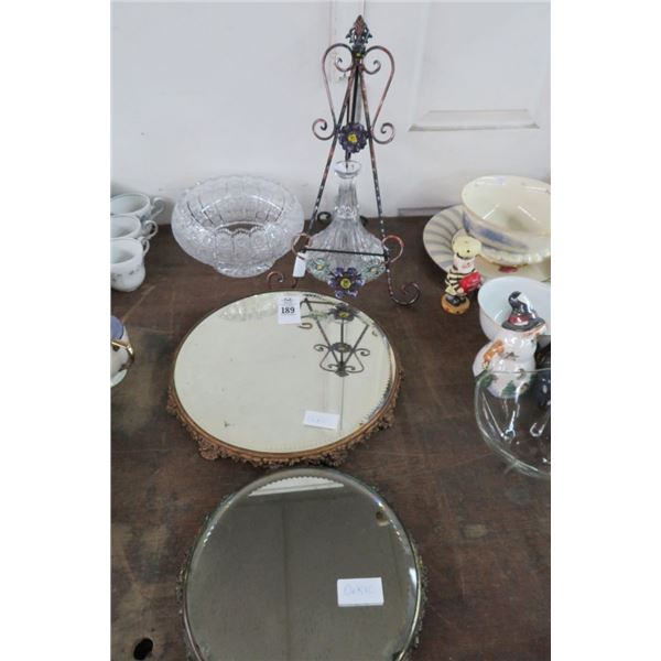 Mirror Serving Platters, Crystal Bowl & Easel