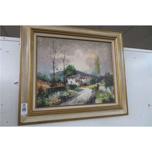 Framed Oil On Canvas Cottage Scene 32" x 28"