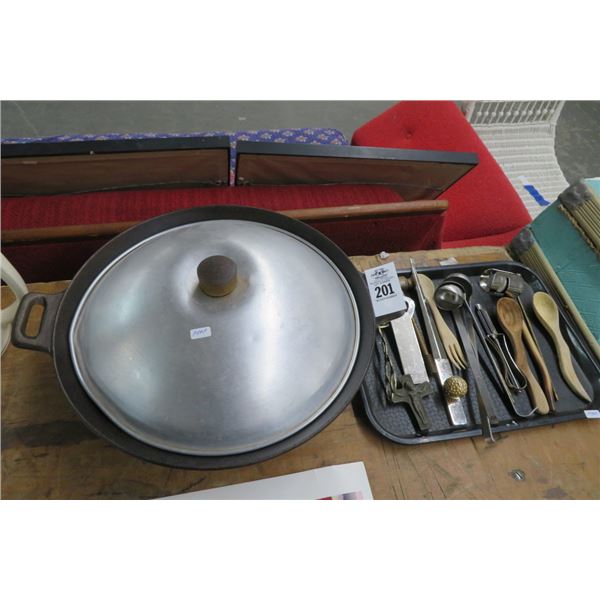 Cast Iron Wok & Vintage Utensils