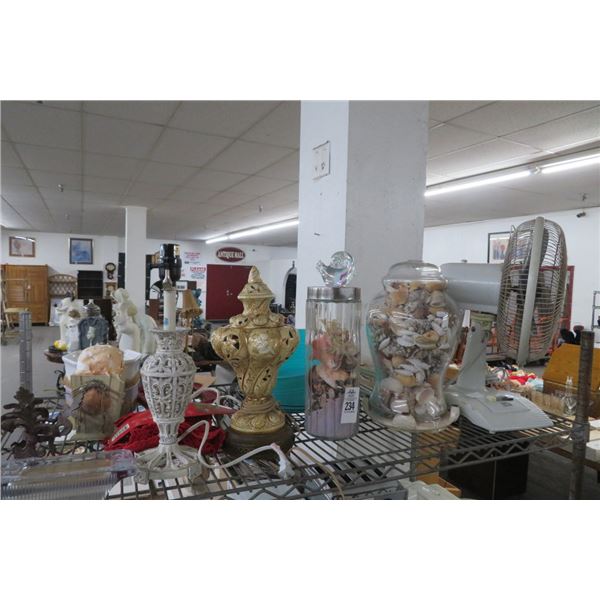 Shelf Lot of Lamp, Fan, Vases w/Sea Shells