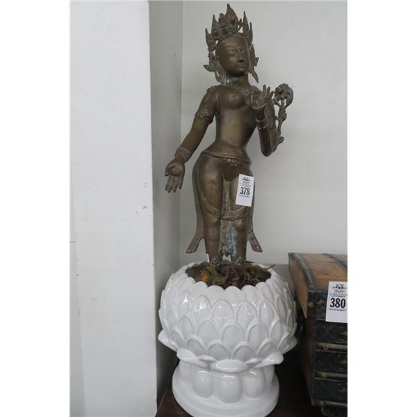 Brass ? Cast Chinese Buddha Goddess w/Plant