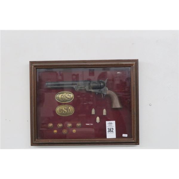 Civil War Gun, Bullets & Belt Buckle In Shadow Box