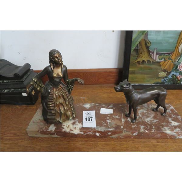 Lady & Dog Figurines on Marble Base