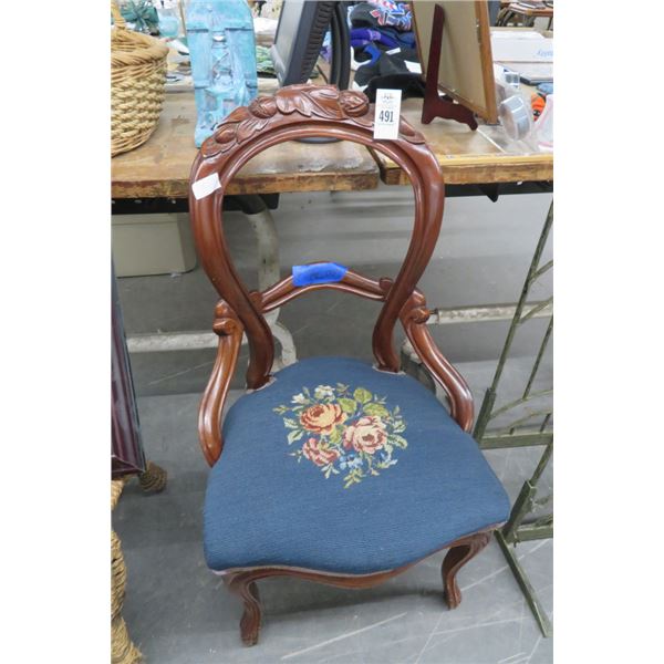 Mahogany Floral Needlepoint Cushioned Seat Side Chair