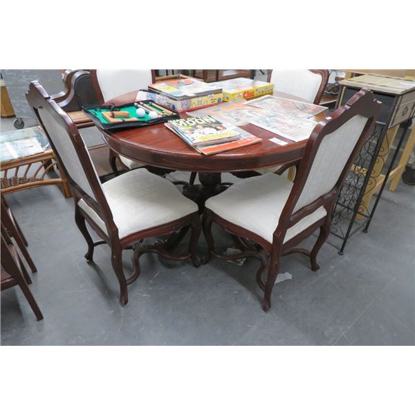 Mahogany Round Dining Set w/4 Padded White Fabric Chairs