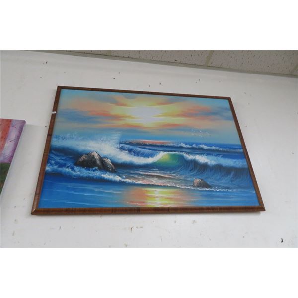 Framed Oil On Canvas "Waves On Beach" by Taylor - 32" x 24"