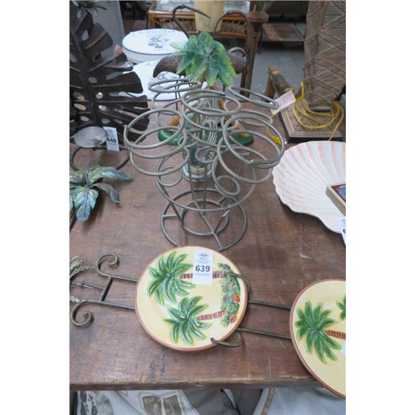 Lot of Metal Seashells, Palm Vase, Wine Rack & Plate Rack