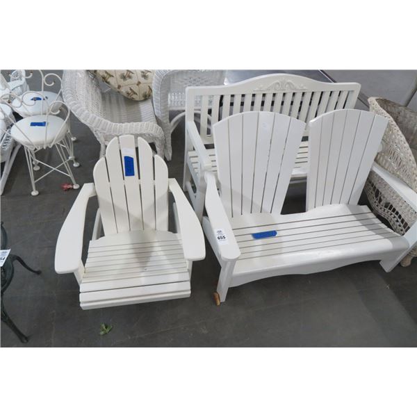 White Mini Patio Set - 2 Benches & Adirondack Chair