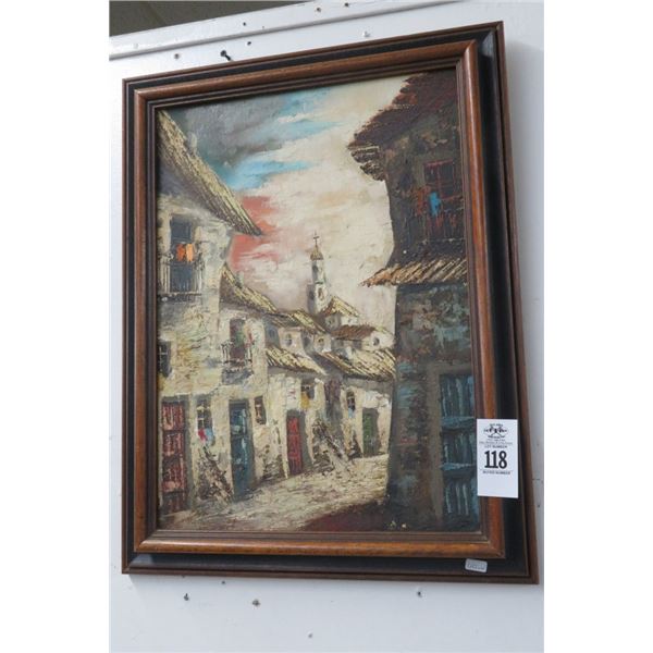 Framed Oil On Canvas Neighborhood Street Scene