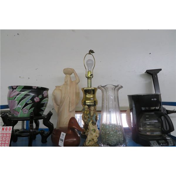 Shelf Lot of Asian Bowl On Stand, Brass Lamp, Wood