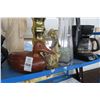 Image 2 : Shelf Lot of Asian Bowl On Stand, Brass Lamp, Wood