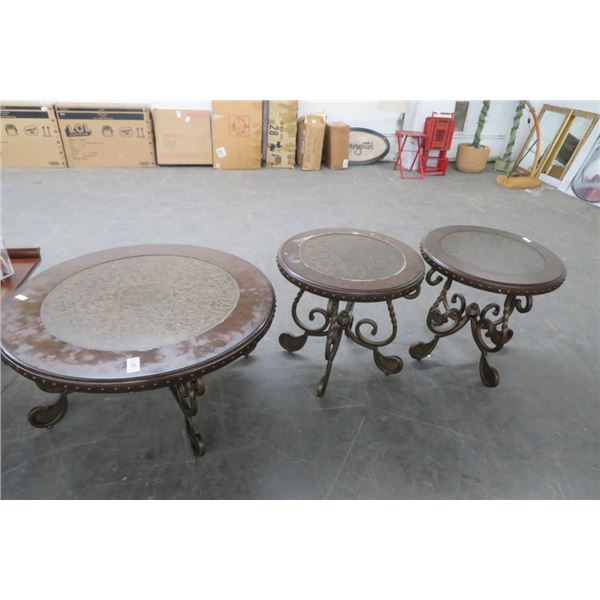 Round Ornamental Iron Base 3 Pc. Coffee & End Table Set