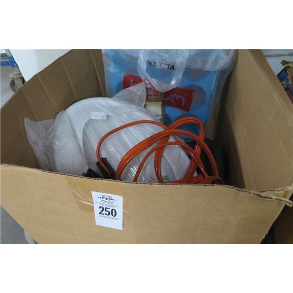 Box of Jumper Cables, Toilet Seat & Head Phones