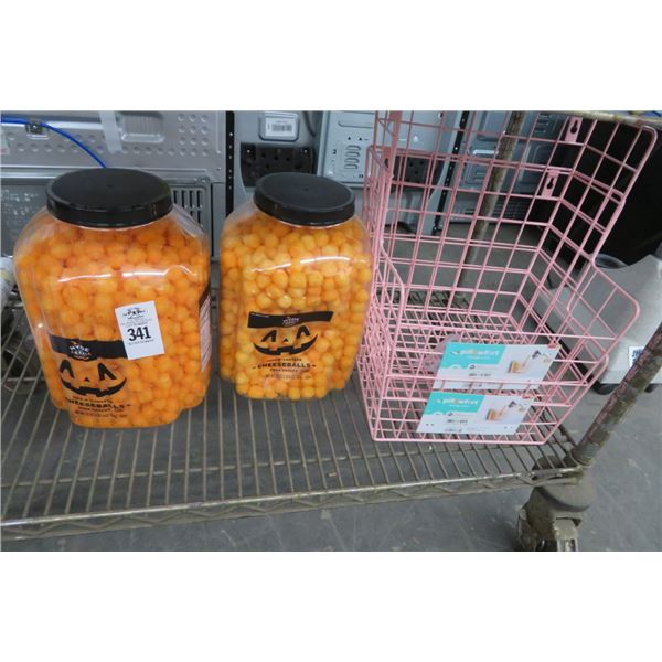 Shelf Lot of Cheese Balls & Pink Wire Baskets