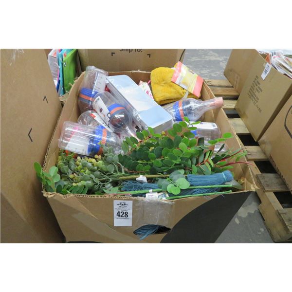 Box of Silk Plants, Plastic Bottles & More