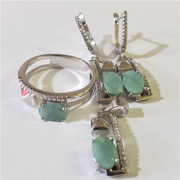 SILVER RHODIUM PLATED EMERALD(6.4CT) EARRINGS