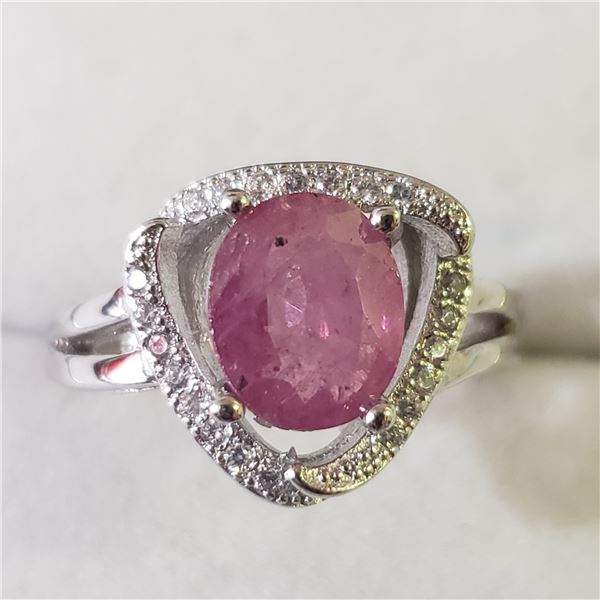 SILVER RHODIUM PLATED RUBY(1.6CT)  RING (~SIZE 7)