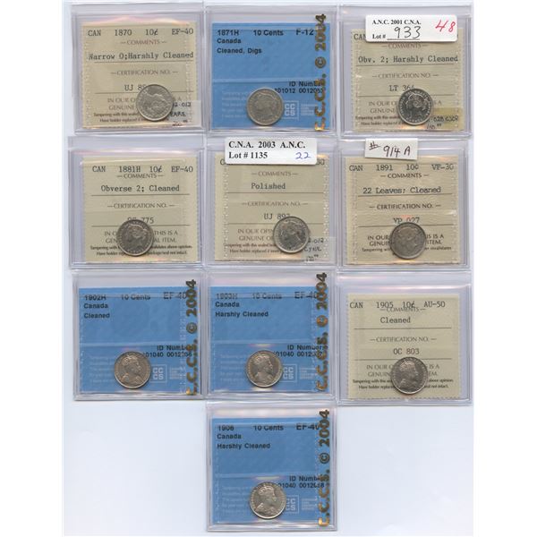 Lot of 10 Graded Ten Cents