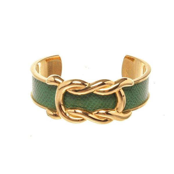Hermes Gold Green Knot Cuff Bracelet