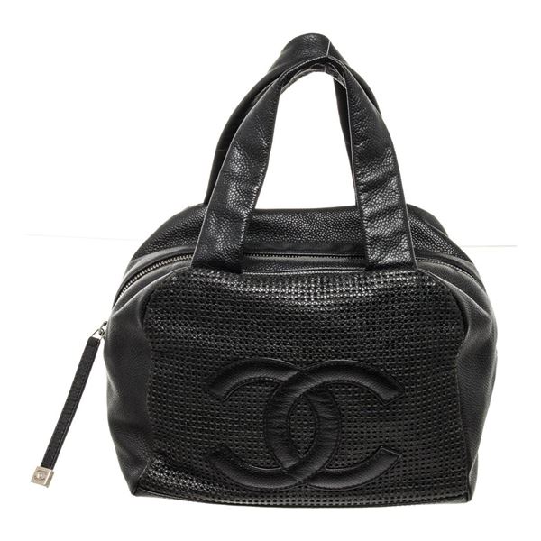 Chanel Black Perforated Leather Mini Boston Satchel Bag