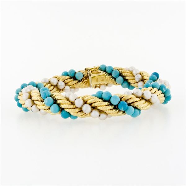 Vintage 18K Gold Intertwined Braided Rope Chain Bracelet Turquoise & Pearl Beads