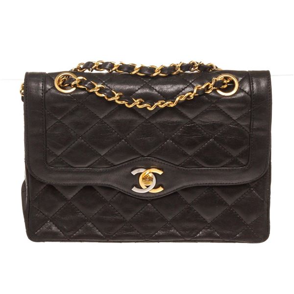 Chanel Black Leather Lambskin Two Tone Double Shoulder Bag