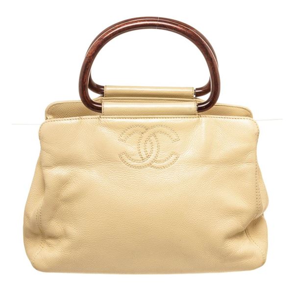 Chanel Beige Canvas Leather CC Top Handle Bag
