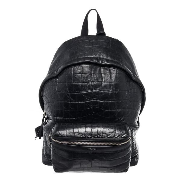 Yves Saint Laurent Black Leather Paris Croc Embossed Backpack