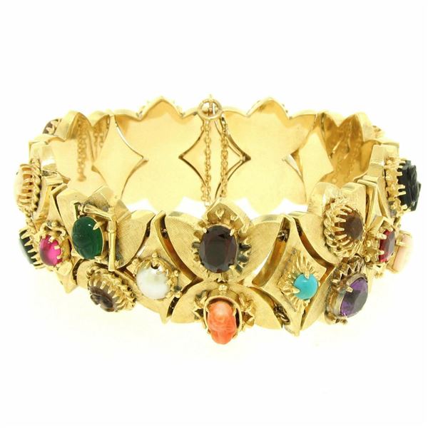 RARE Antique 14K Yellow Gold Multi Gemstone Wide Florentine Slide Charm Bracelet